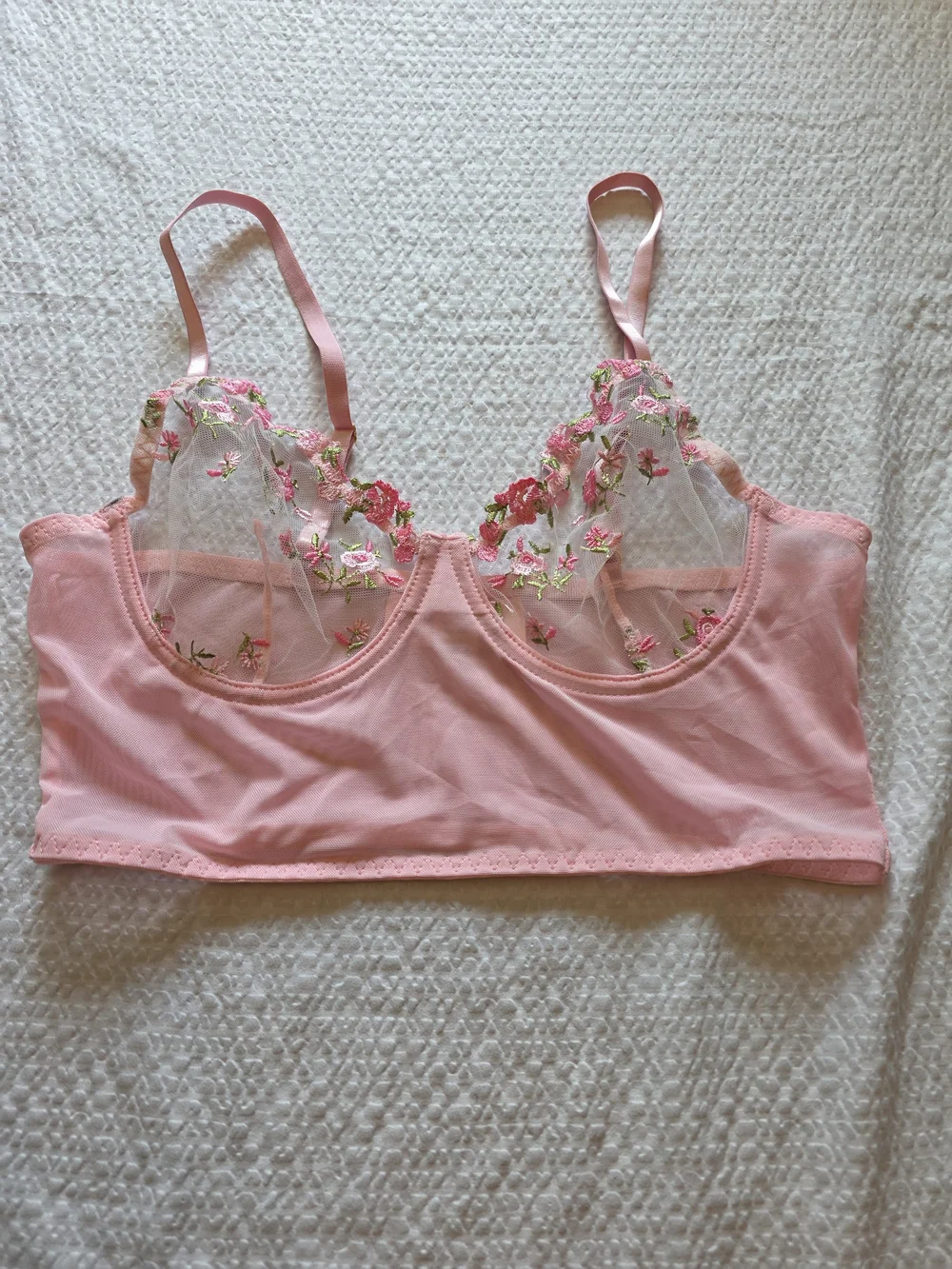 Sheer Floral Embroidered Pink Bralette with Adjustable Straps L